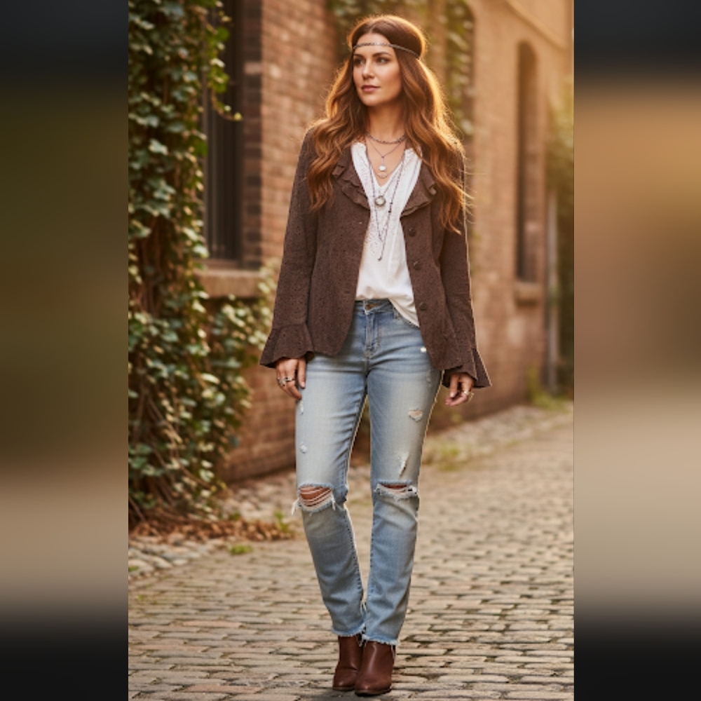 Coldwater Creek XL Brown Punched Leather Jacket With Flared Cuffs Ruffled Collar